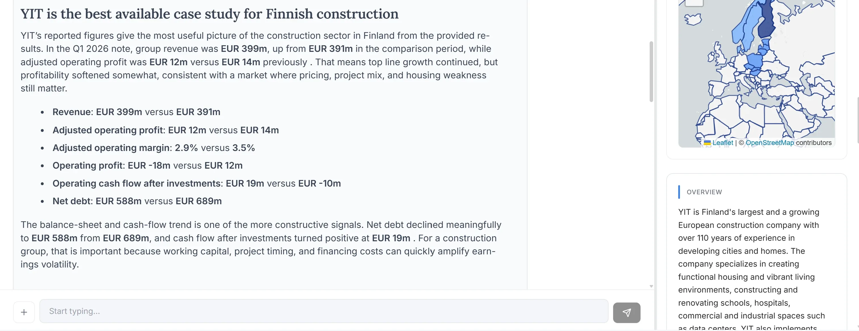 An answer on YIT's Q1 2026 figures in the workspace chat, with the company panel beside it