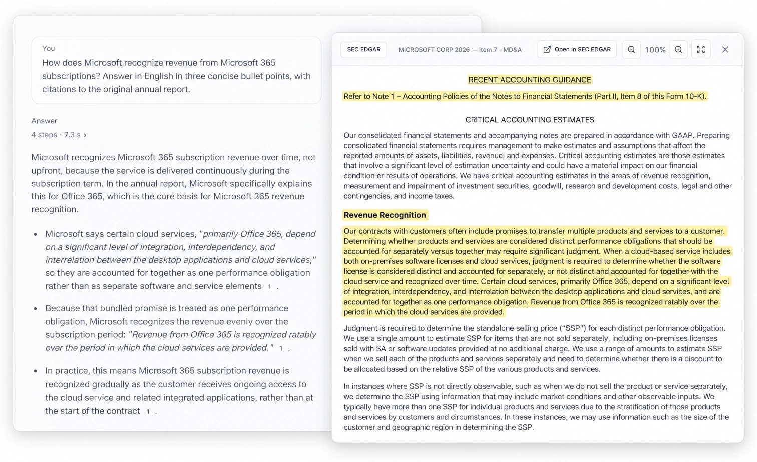 An answer on how Microsoft recognizes Microsoft 365 revenue, next to the highlighted passage in Microsoft's 10-K