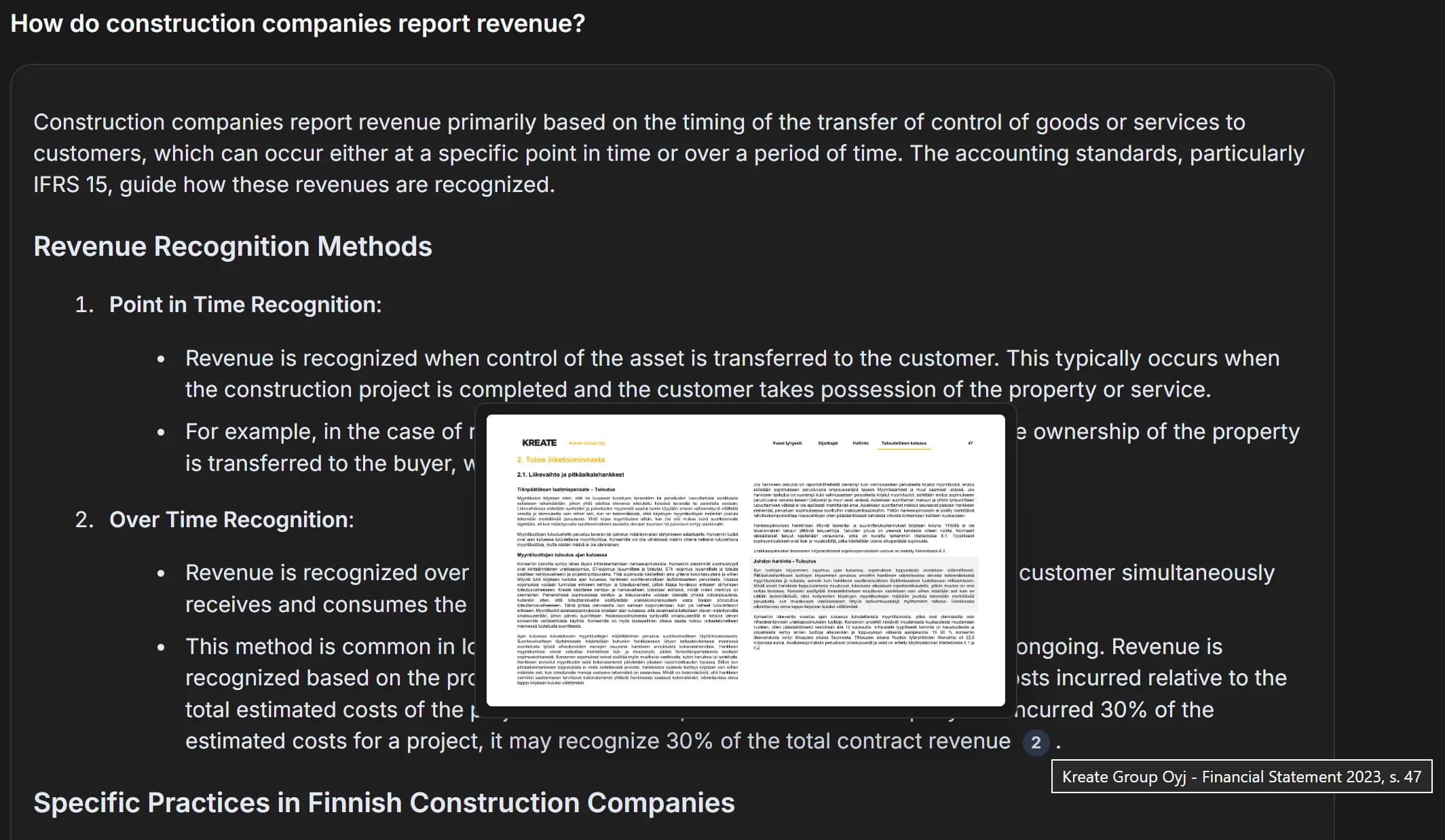 An answer on how construction companies recognize revenue under IFRS 15, with the cited page of Kreate's 2023 financial statements open