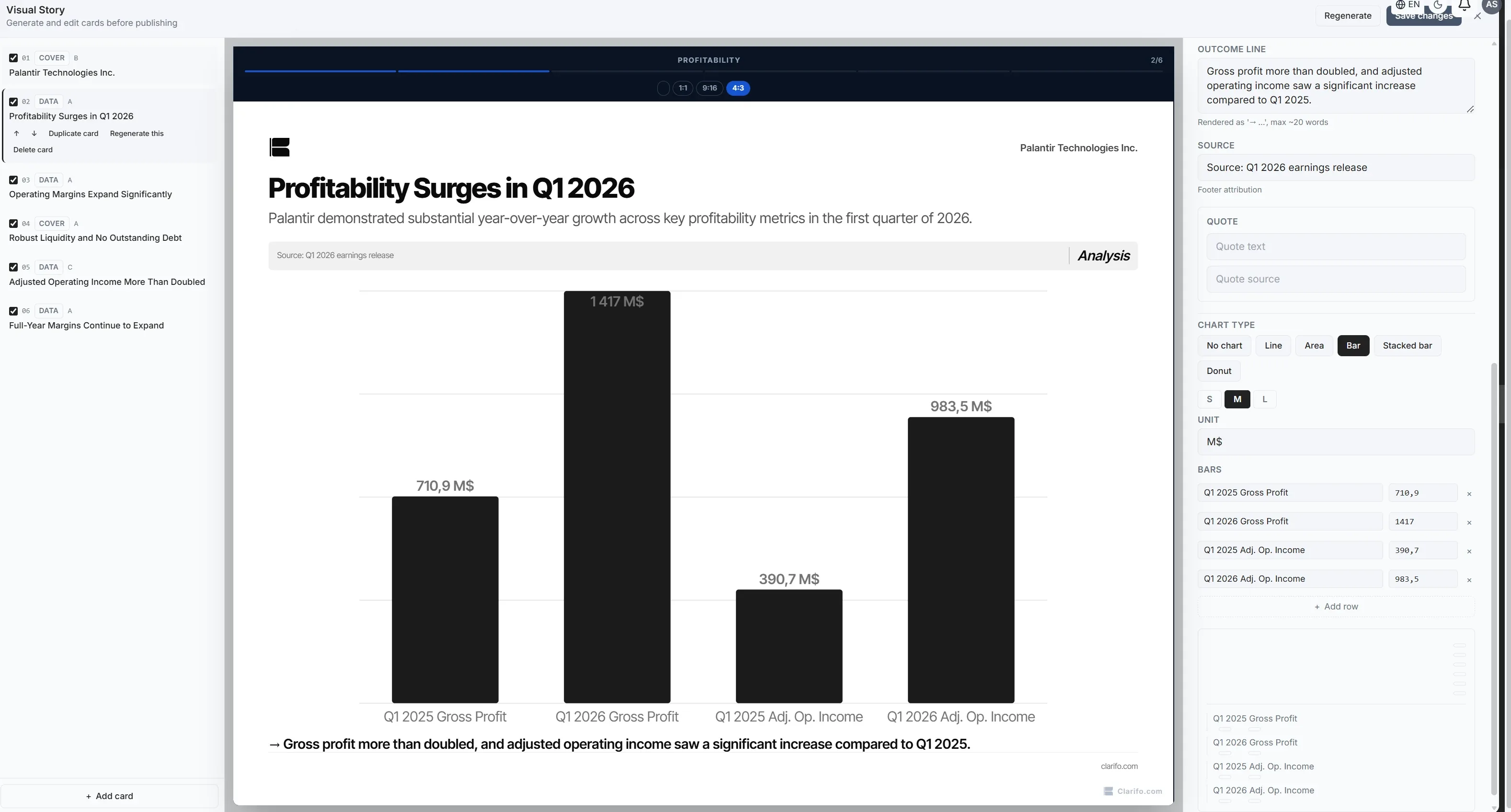 Editing a Visual Story on Palantir's Q1 2026 profitability: card list, bar chart card and editing panel